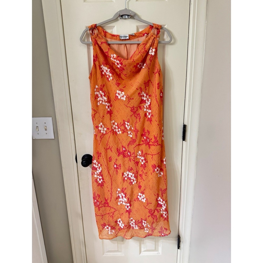 Millenium Orange Floral Cowl Neck Sleeveless Lined Chiffon Midi Dress Size 14